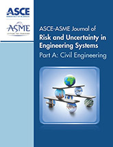 ASCE-ASME Journal of Risk and Uncertainty in Engineering Systems Part A: Civil Engineering cover with an image of the earth stacked on top of engineering disciplines on a blue background. The journal title, American Society of Mechanical Engineers logo, and ASCE logo are displayed as well.